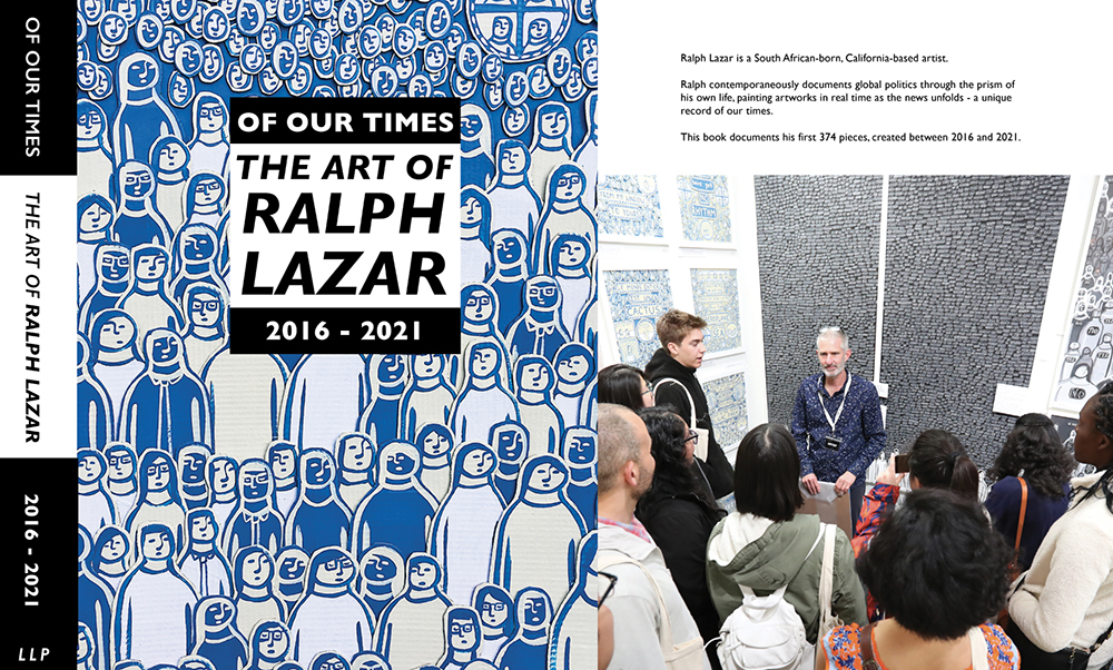 Cover spread of Of Our Times: a crowd of blue and white painted figures, with the title set in black over them.