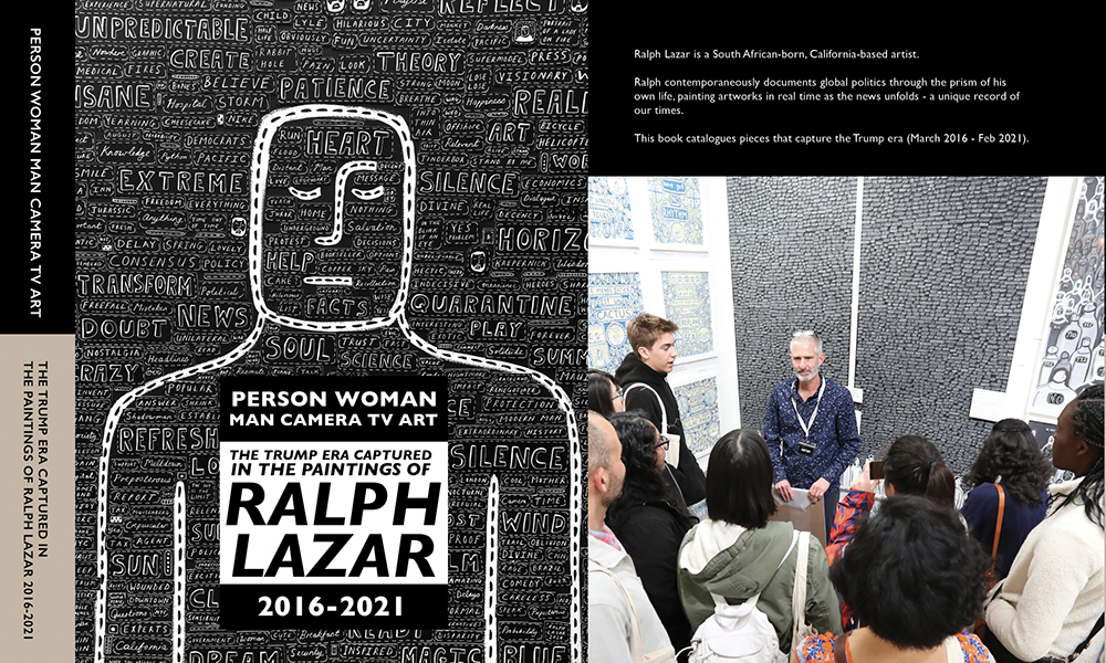 Cover spread of Person Woman Man Camera TV Art: a white outlined figure over a dense black ground of hand-lettered words.