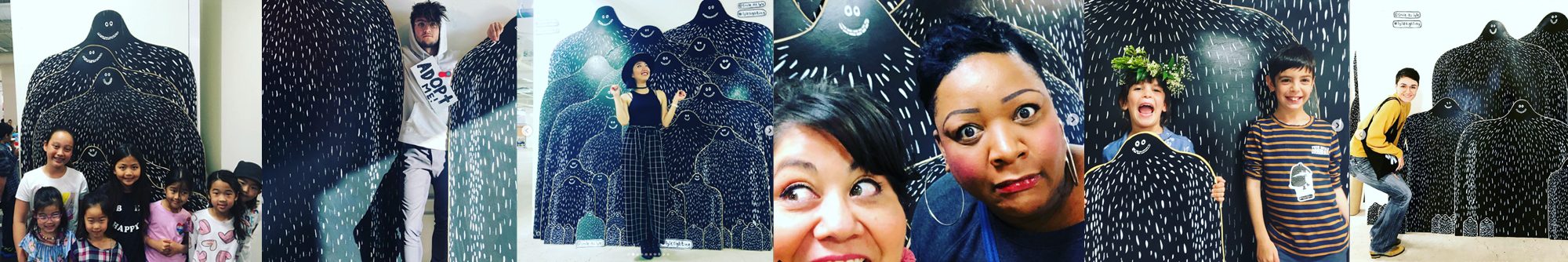 Six photographs of people posing with Lyle boards at an art fair, faces appearing over and around them, from small children to adults pulling faces.