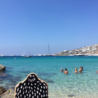 A Lyle held up in front of Mikonos