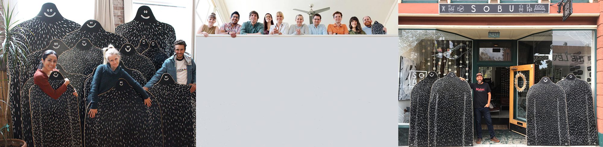 Three photographs: three people posing behind Lyle boards indoors, an office team lined up along a wall with a small Lyle, and two large Lyles standing outside a shopfront.