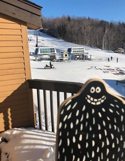 A Lyle held up in front of Vermont, Okemo Mountain