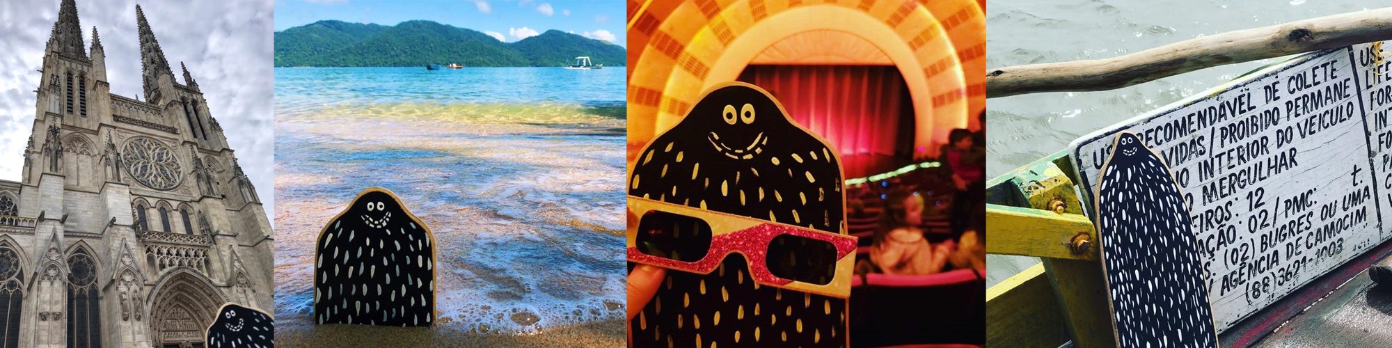 Four travel photographs, each with a small black Lyle held up in the foreground: a cathedral in Bordeaux, a beach in Madagascar, the auditorium of Radio City Music Hall, and a painted boat sign in Brazil.