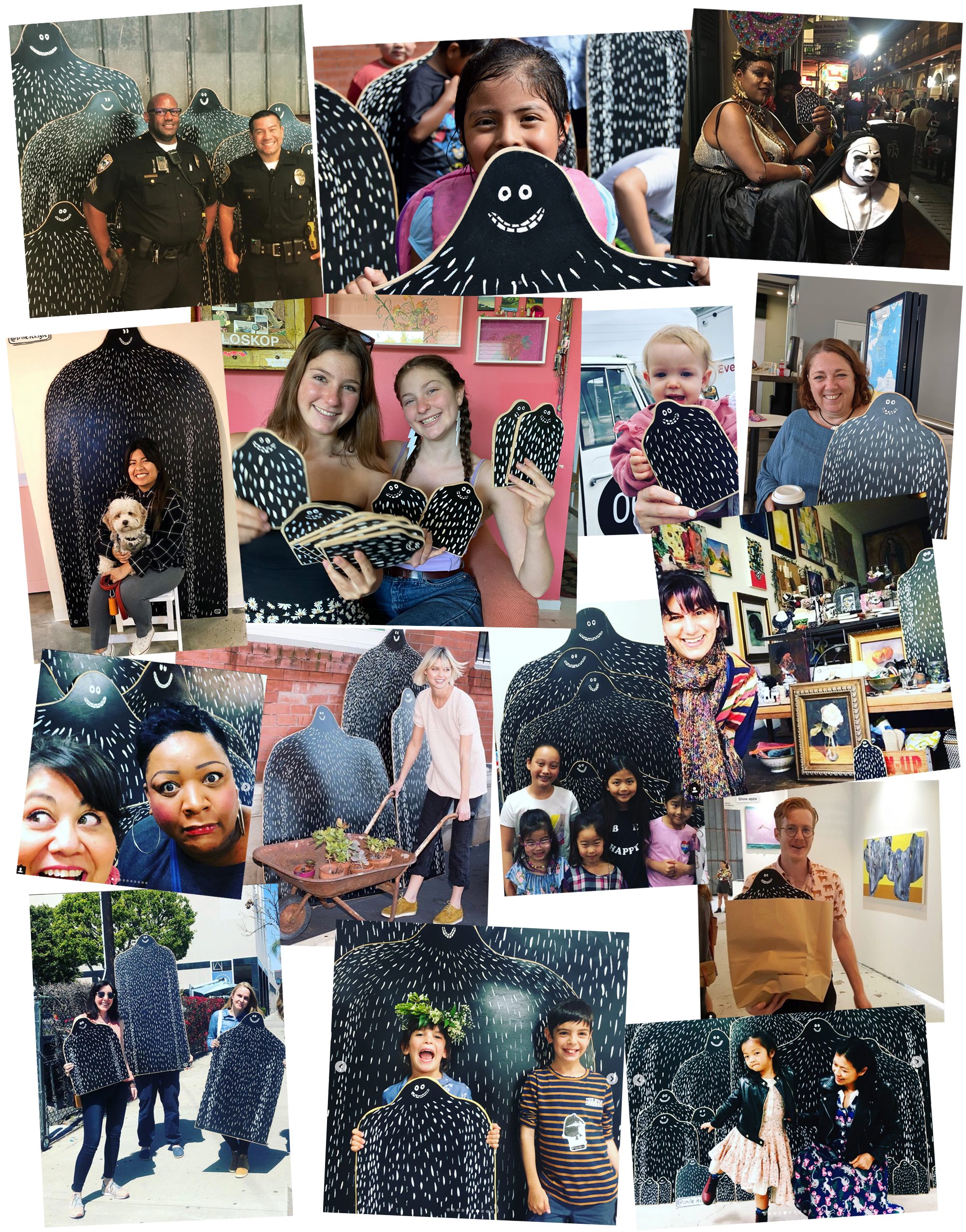 A scrapbook page of overlapping, slightly rotated snapshots of people holding Lyles: police officers, children, families, shopkeepers and friends, all smiling.