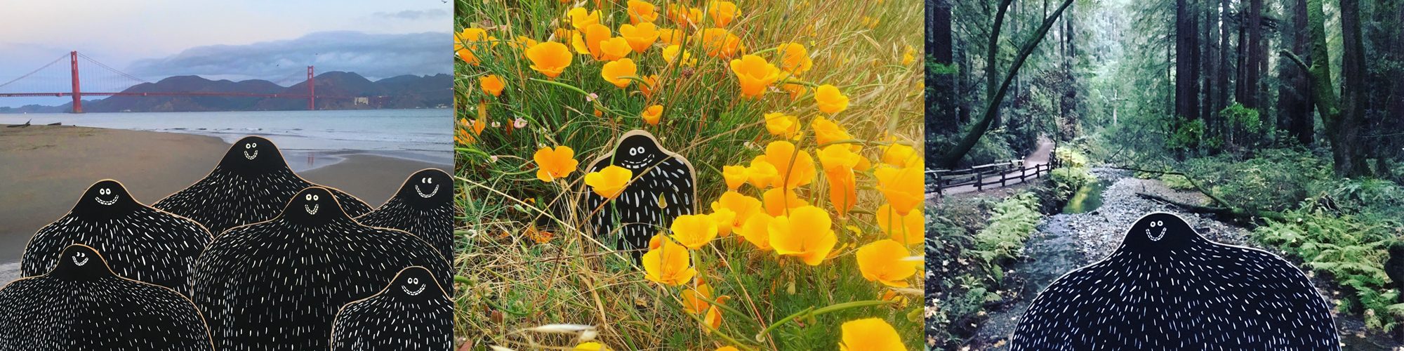 Three photographs: a herd of Lyles standing on a beach with the Golden Gate Bridge behind them, a small Lyle among orange California poppies, and a large Lyle standing in a redwood forest.