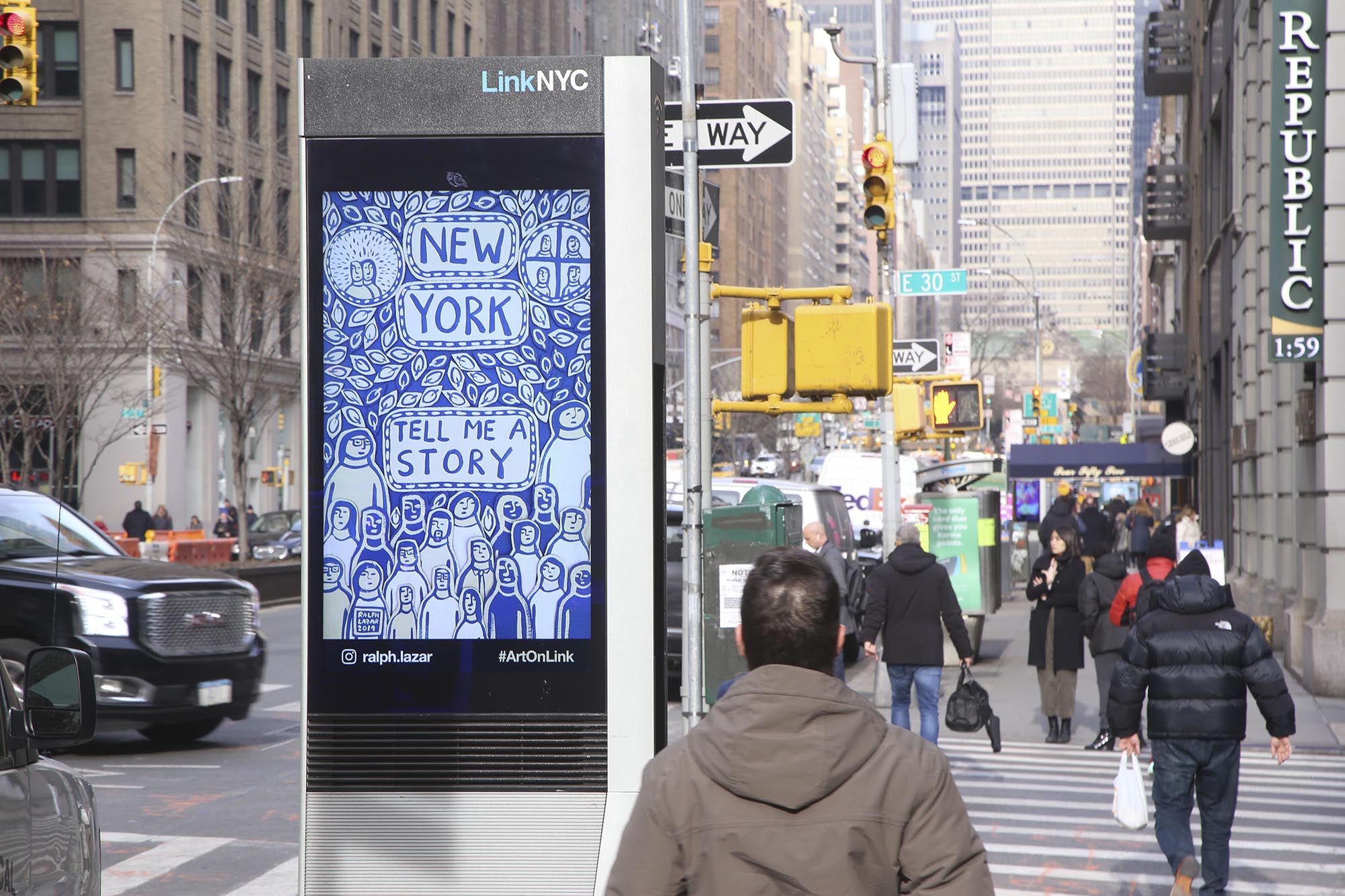 A Ralph Lazar piece displayed on a LinkNYC street kiosk screen in New York City.